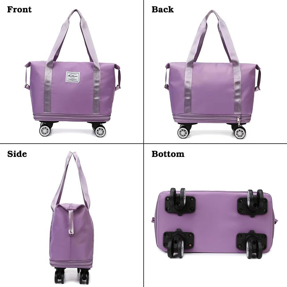 Rolling Duffle Bag with Wheels and Handle Foldable Travel Bag Expandable Carry on Bag with Detachable Casters Wheeled Weekender Bag for Women & Men