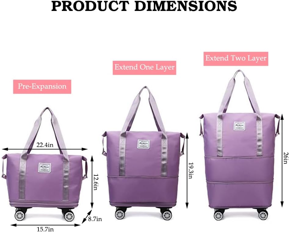 Rolling Duffle Bag with Wheels and Handle Foldable Travel Bag Expandable Carry on Bag with Detachable Casters Wheeled Weekender Bag for Women & Men
